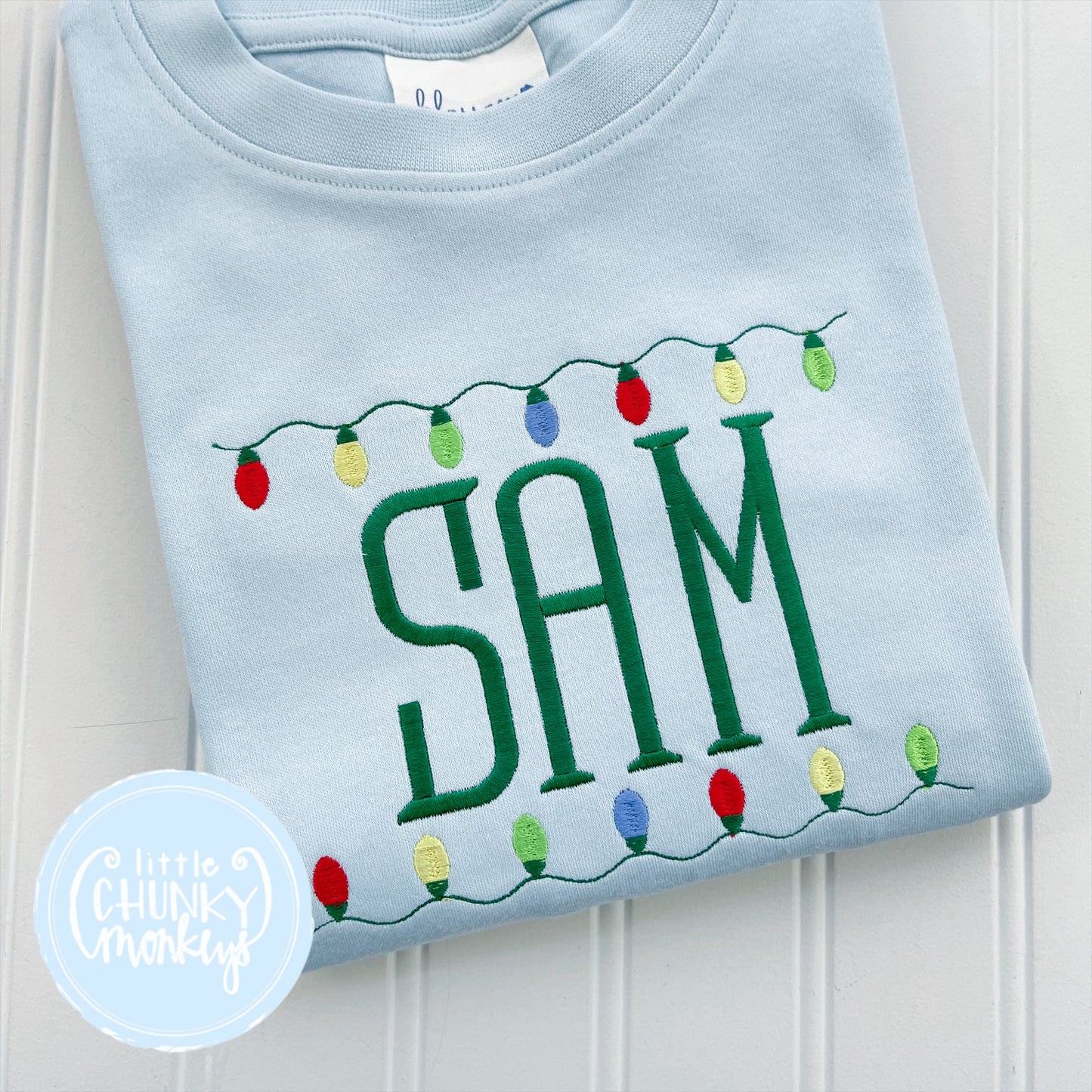 Boy Shirt - Christmas Lights on Light Blue