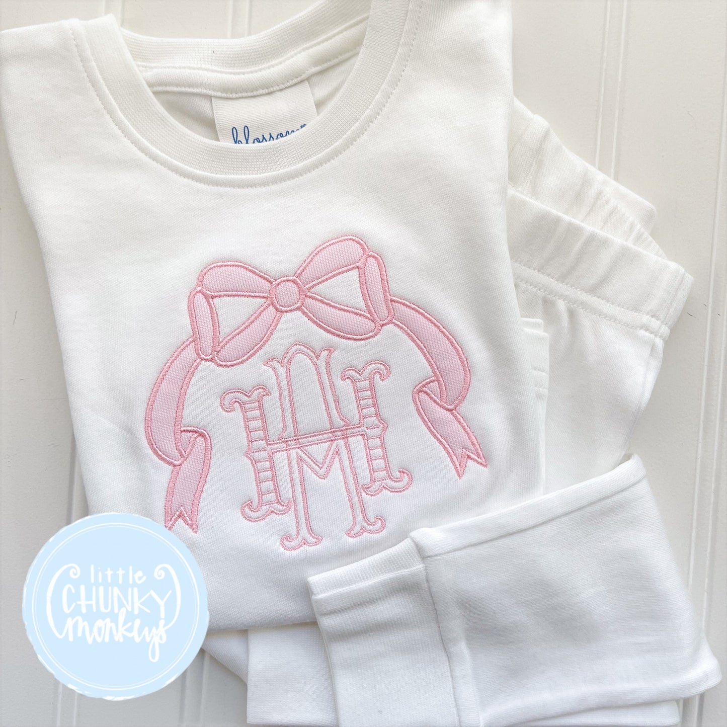 White Fitted Organic Cotton Pajamas - Appliqué Bow Monogram