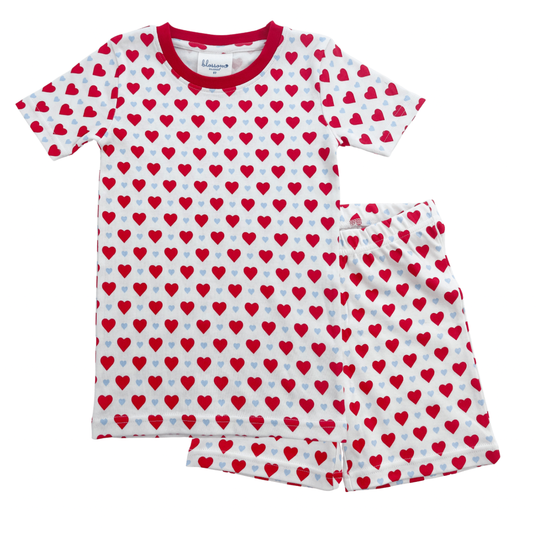 Valentine Organic Cotton Short Sleeve Fitted Children's Pajama Set - Blue and Red Hearts