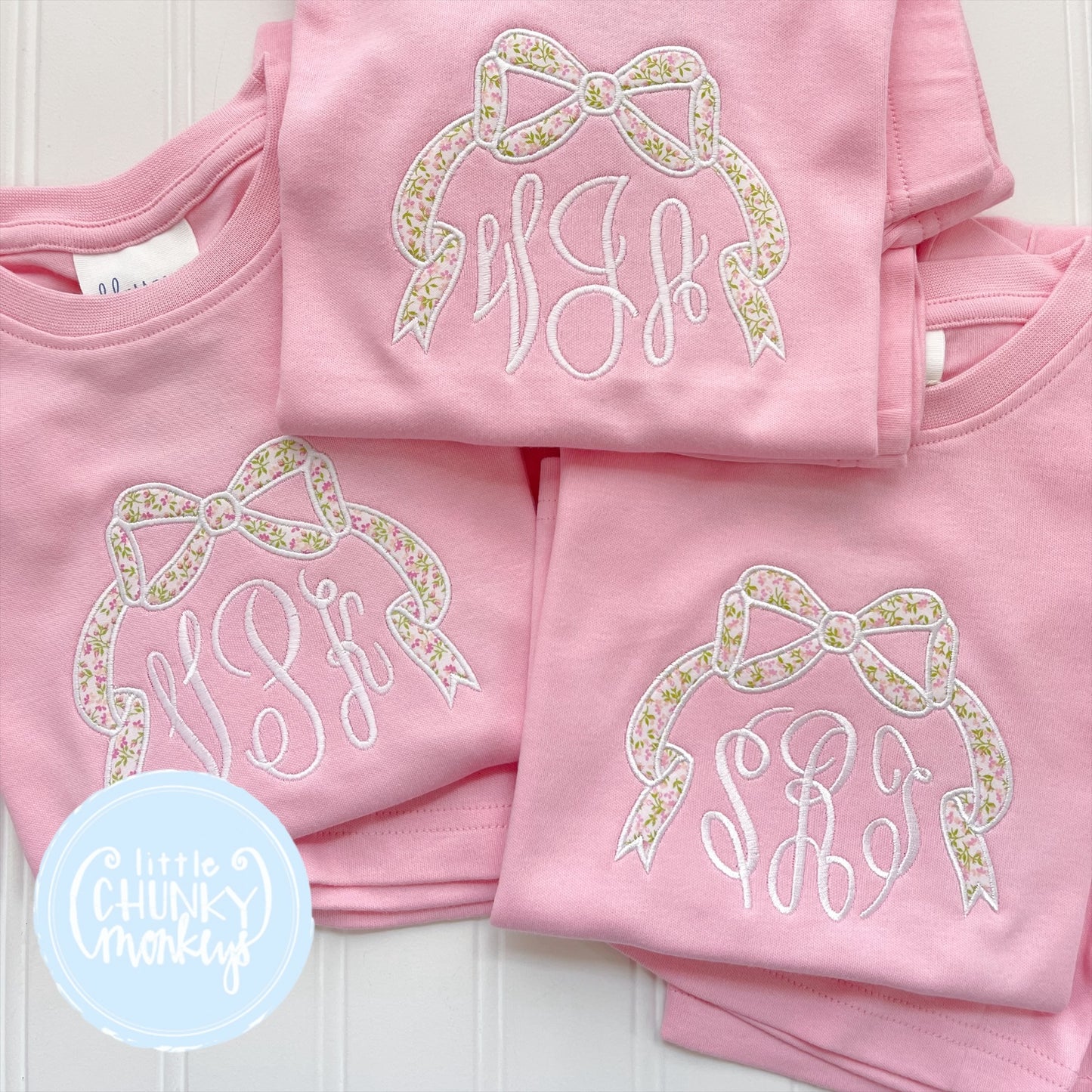 Light Pink Fitted Organic Cotton Pajamas - Floral Appliqué Bow Monogram