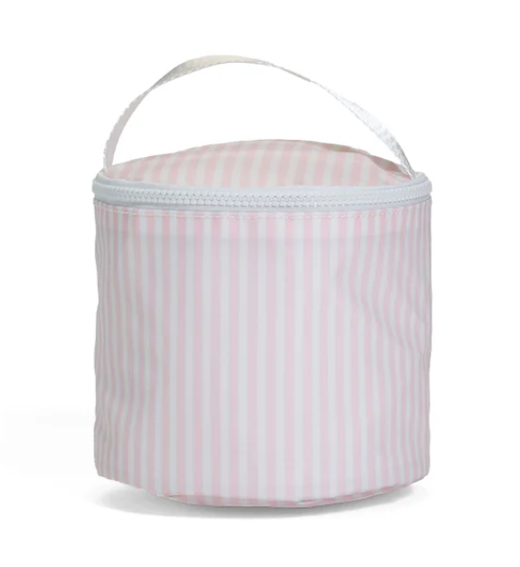 Pink and white striped snack bag with a handle