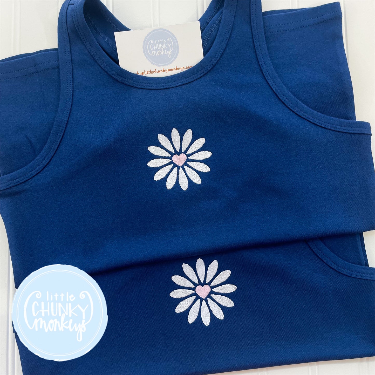 Girls Tank Top - Daisy Heart on Navy