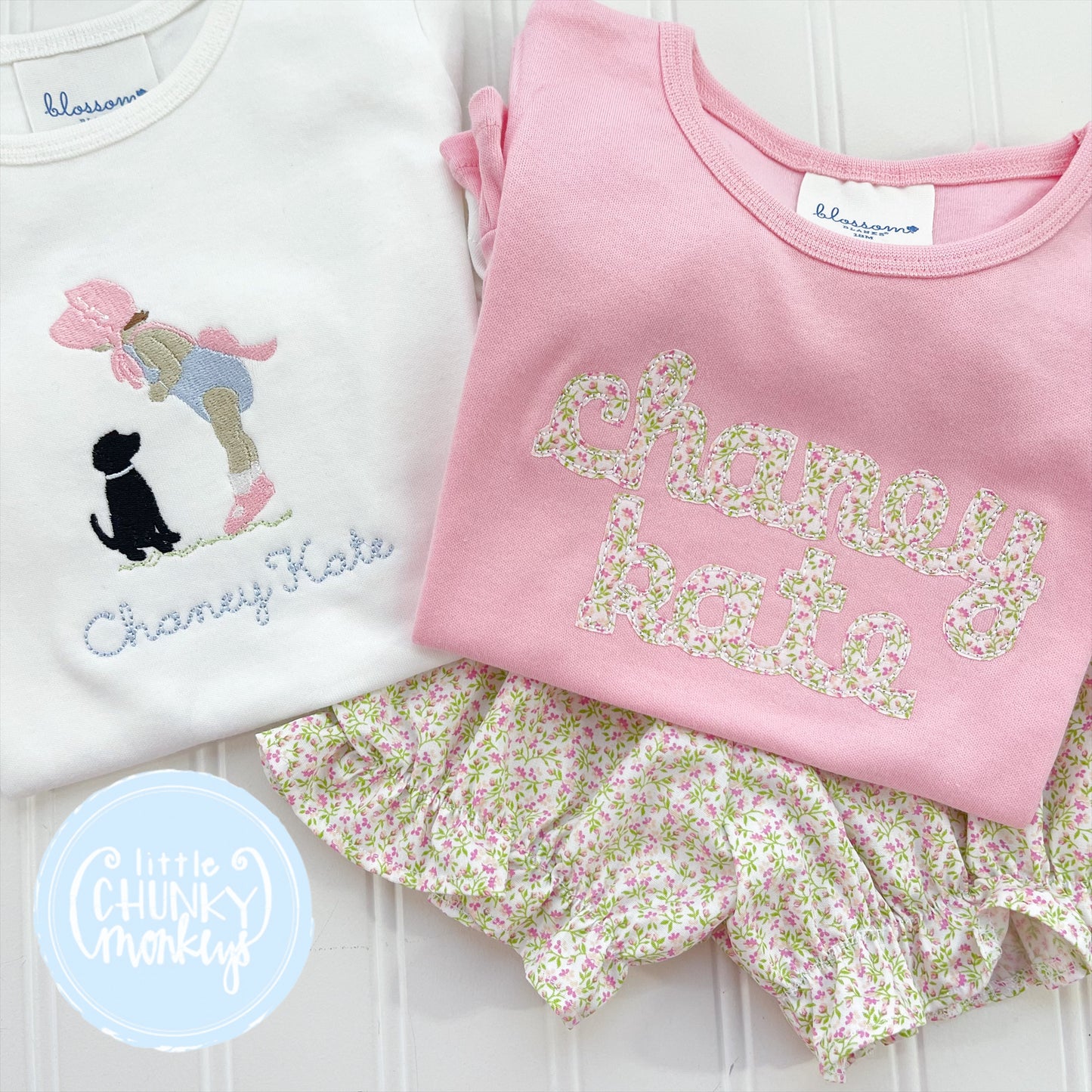 Girl Shirt - Floral Applique Name on Light Pink Shirt