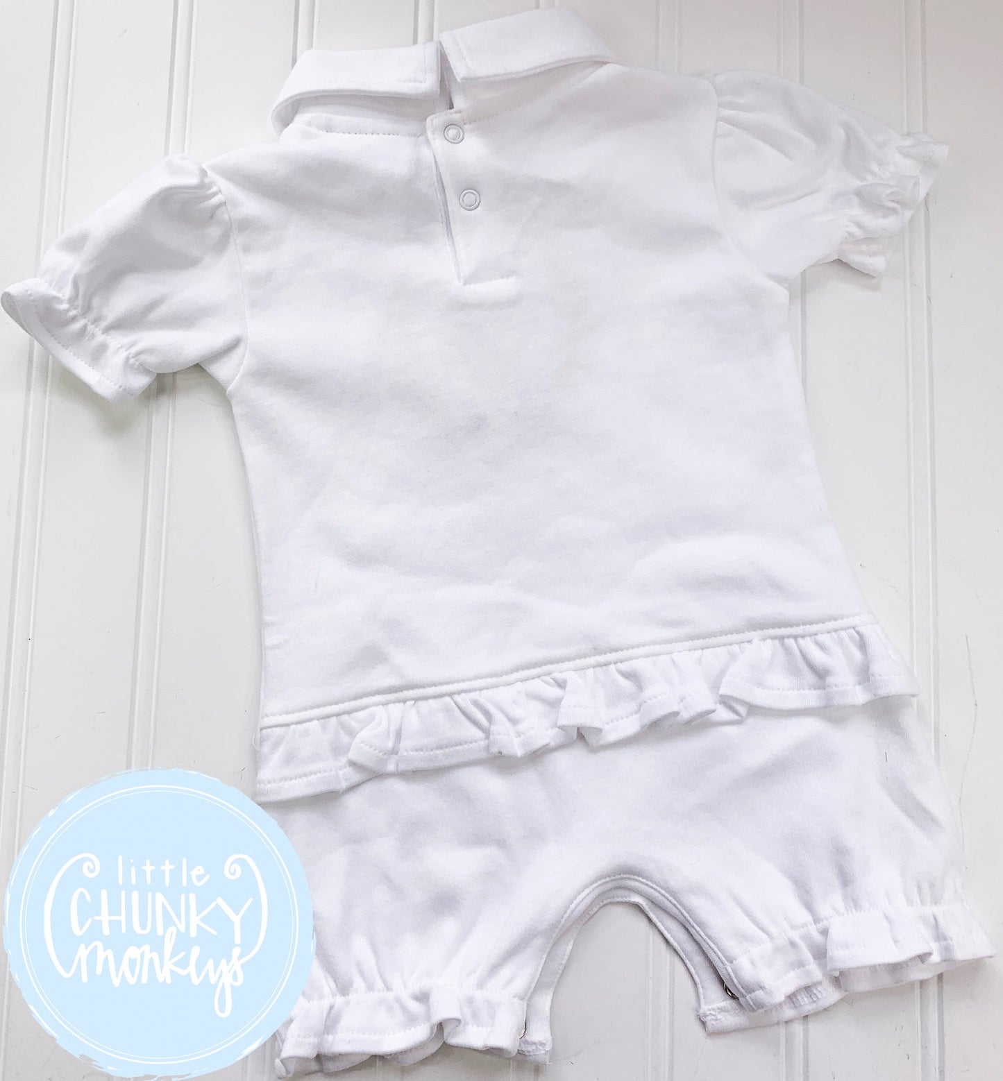 Girl Peter Pan Ruffle Romper with Bunny Monogram “W” 0-3m