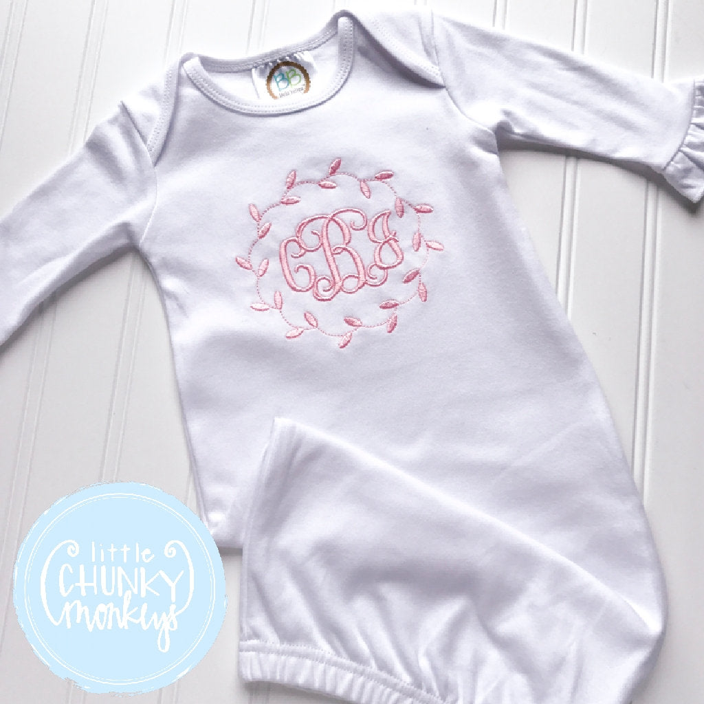 Baby Girl Gown - Bring Home Outfit - Newborn Gown with Wreath + Monogram