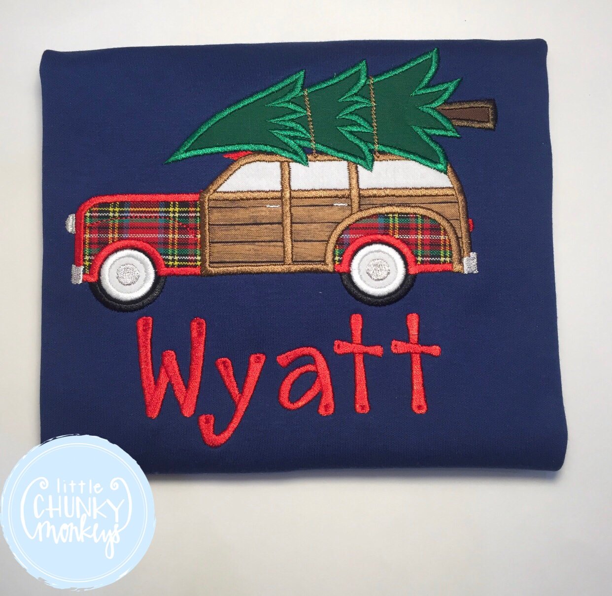 Boy Shirt - Applique Car with Christmas Tree on Top + Personalization