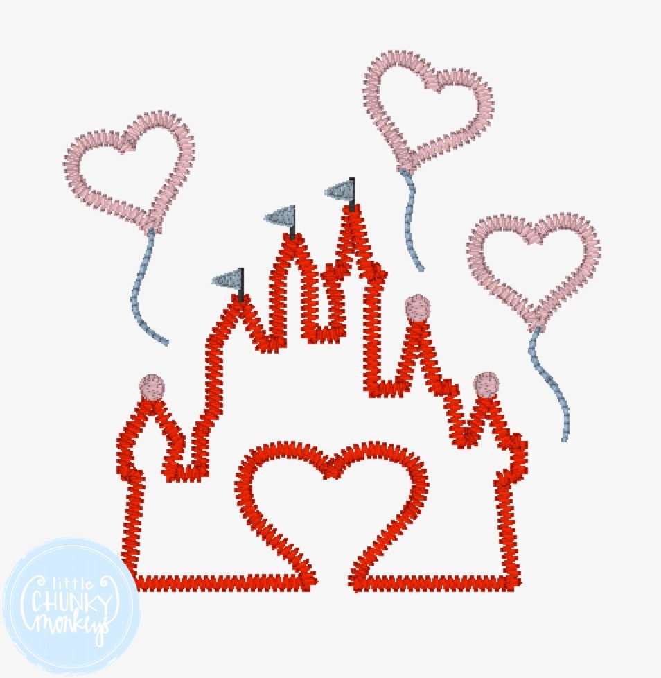 Girl Shirt - Stitched Valentine Castle with Heart Balloons