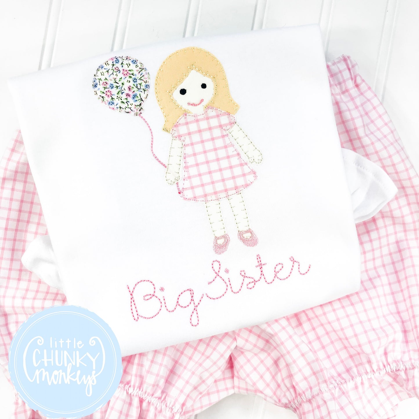 Girl Shirt - Applique Little Girl Holding Balloon with Big Sister Stitched