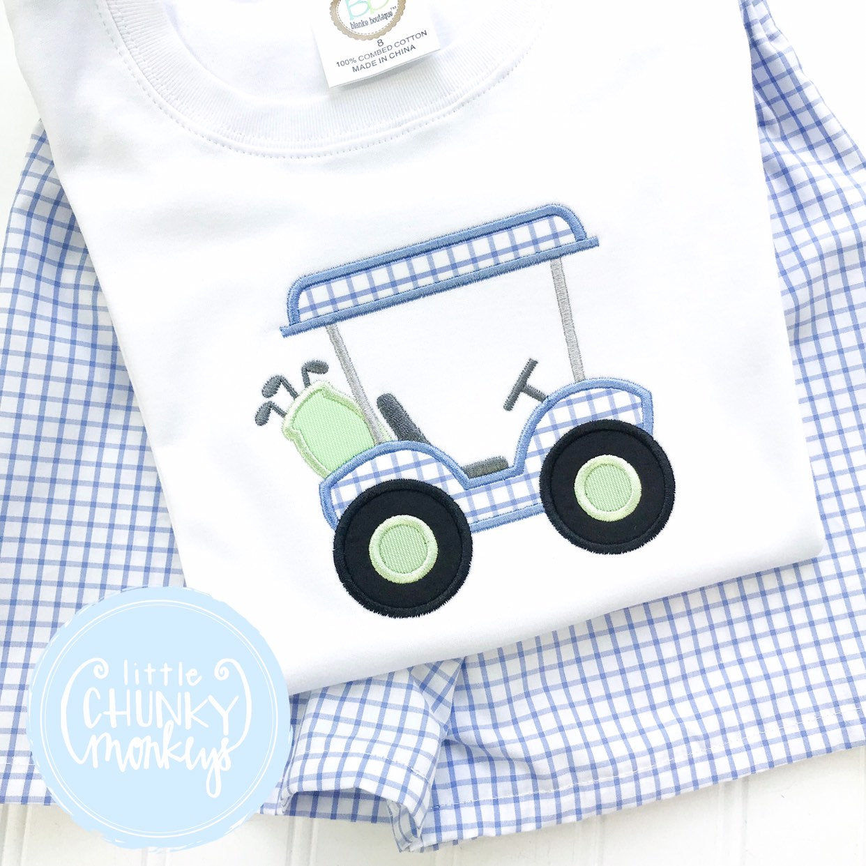 Boy Shirt - Golf Shirt - Light Blue Windowpane with Light Green Golf Cart Applique Shirt