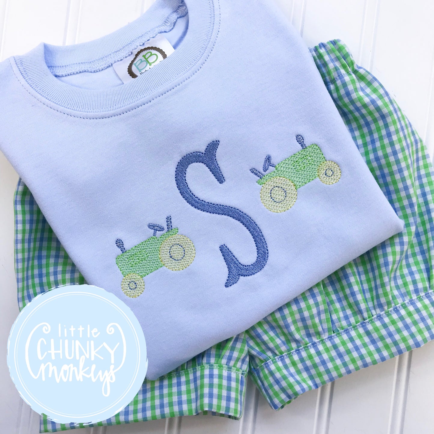 Boy Shirt Initial with Mini Tractor on Light Blue Shirt