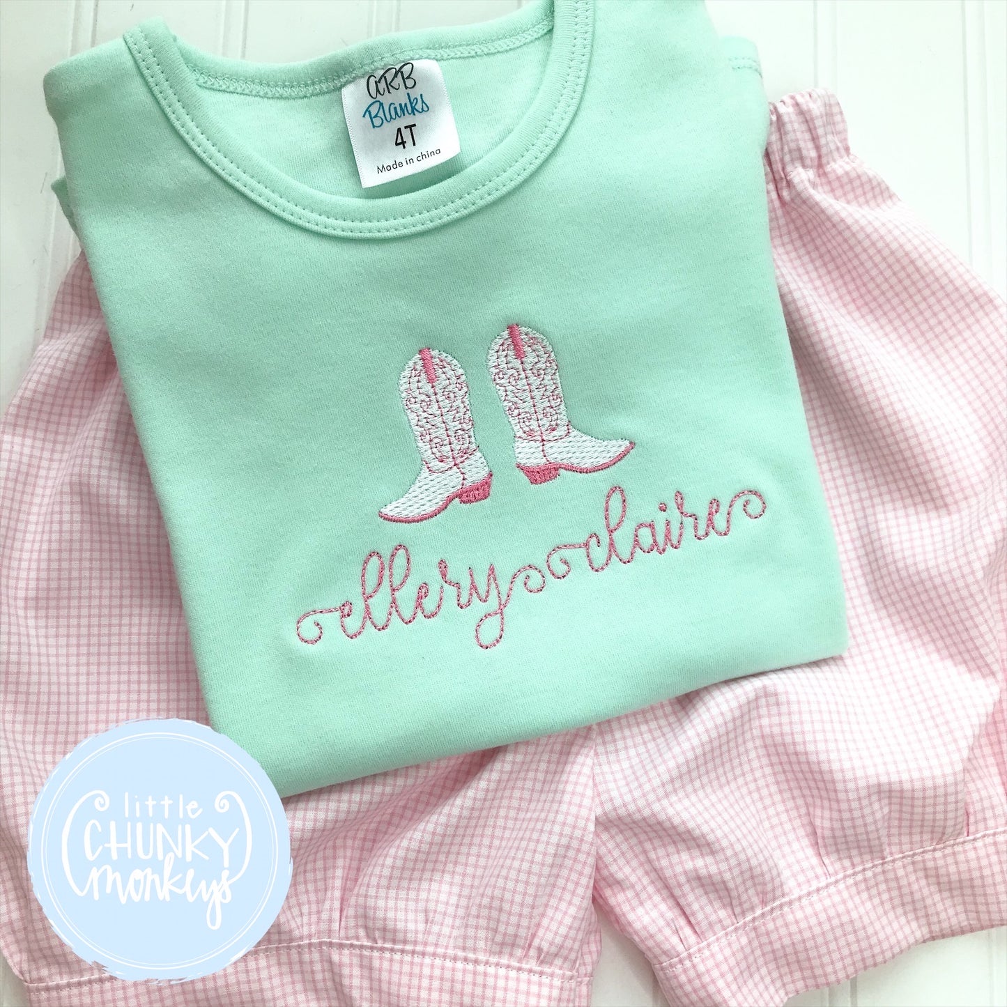 Girl Shirt - Vintage Stitch Cowgirl boots with Personalization on Mint Green Shirt