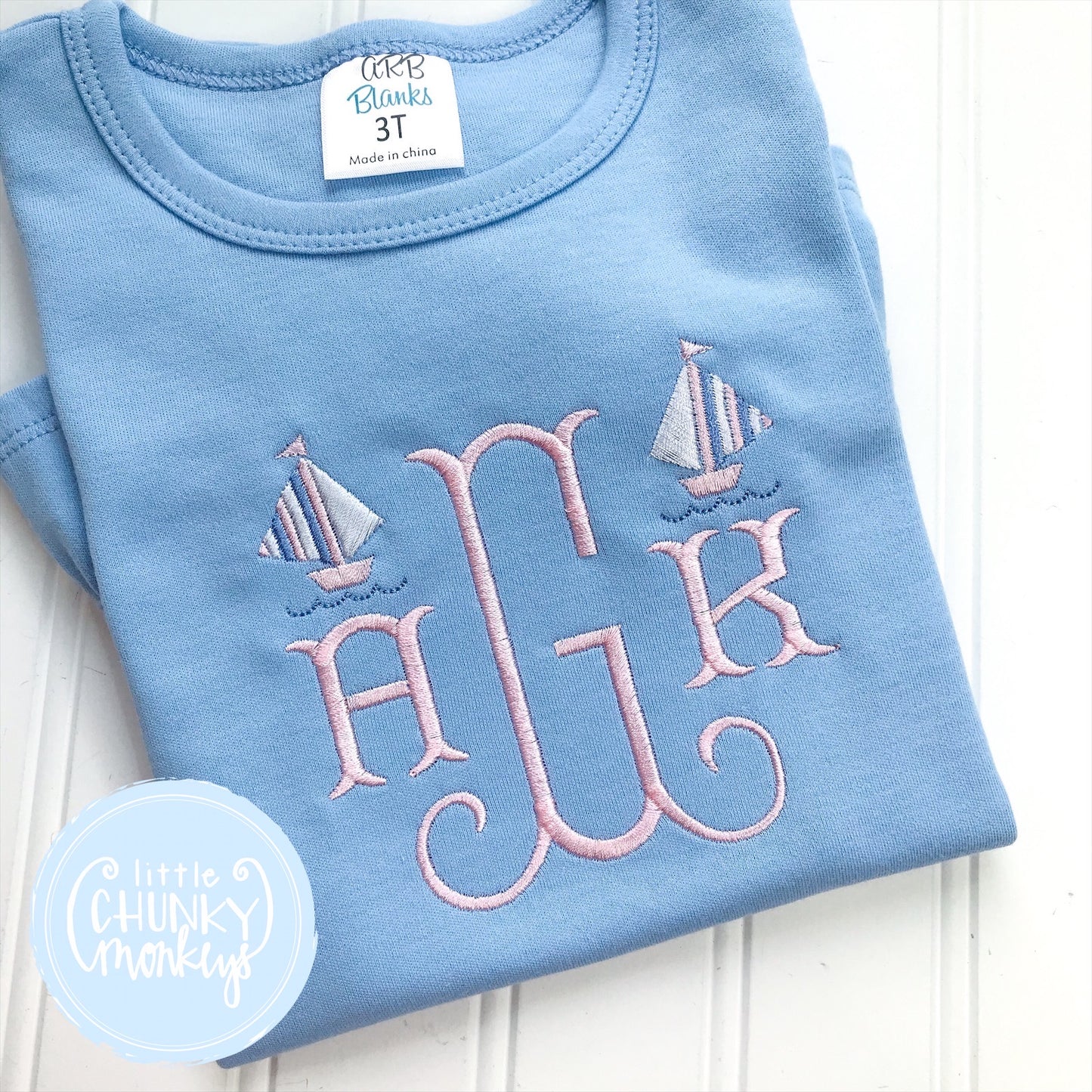 Girl Shirt - Monogram Tee with Sailboats on Light Blue Shirt