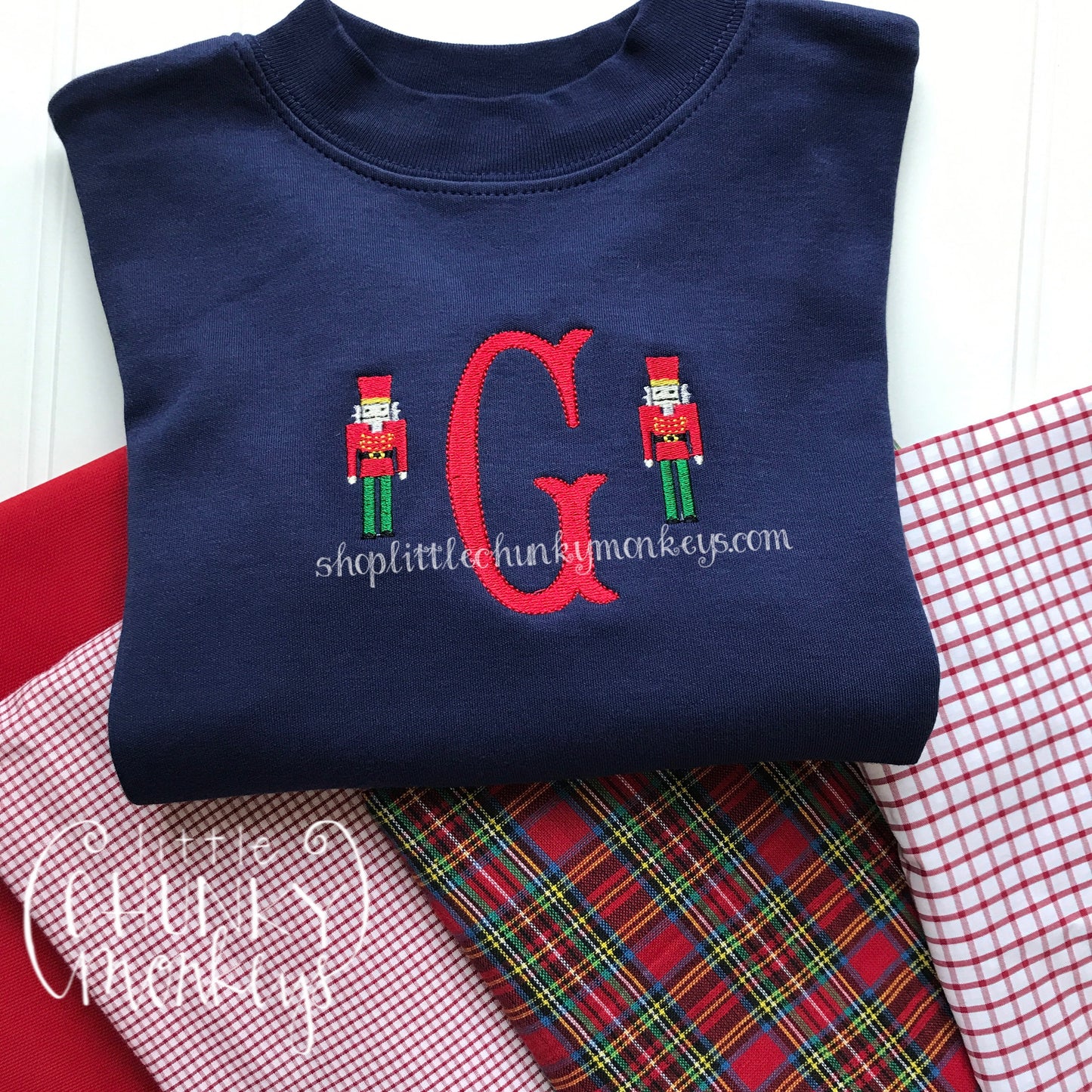 Boy Shirt - Boy Christmas Nutcracker Shirt - Mini Nutcracker with Initial on Navy Shirt