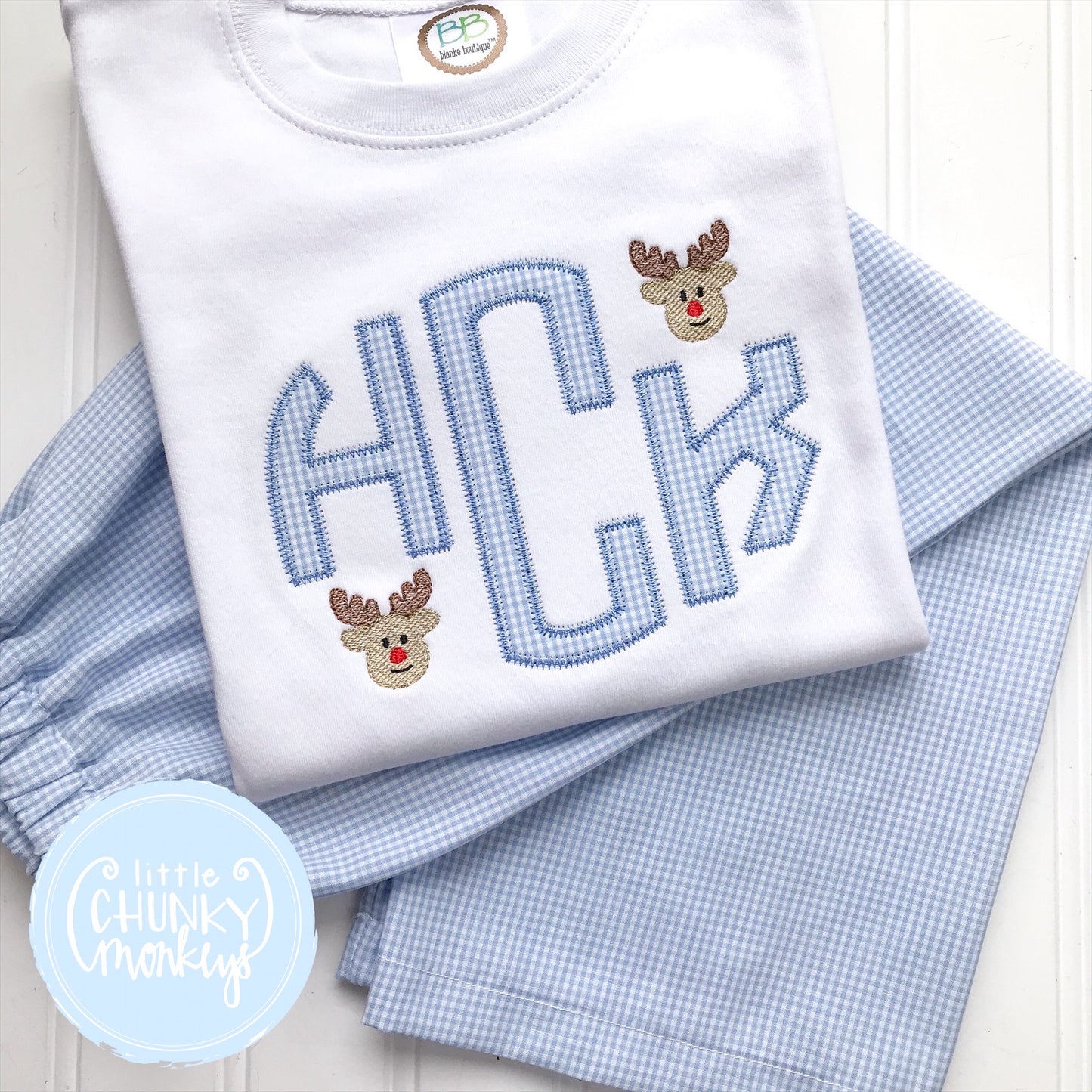 Boy Shirt -Applique Circle Monogram with Mini Reindeer