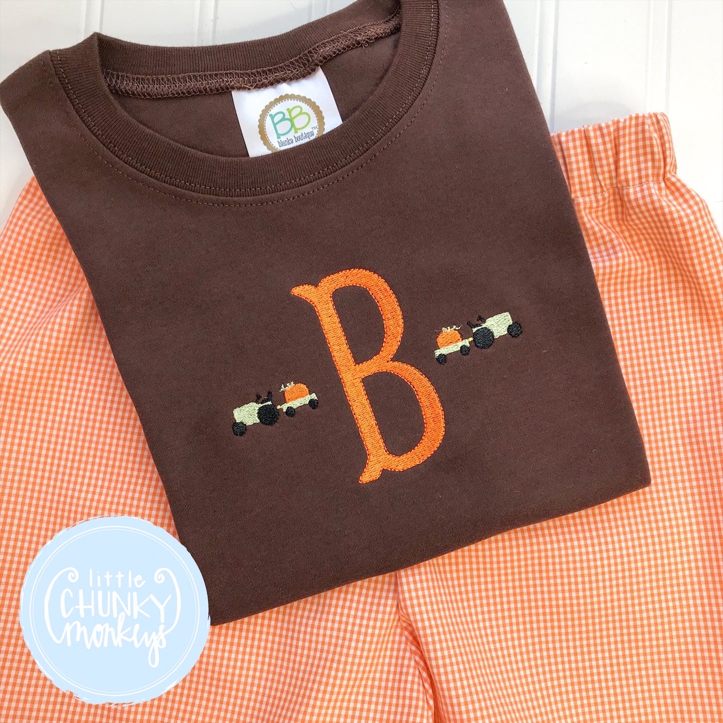 Boy Shirt - Single Initial with Mini Tractors on Brown Shirt