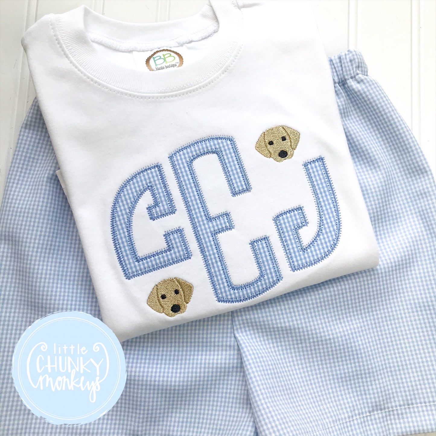 Boy Shirt - Applique Monogram with Mini Blue Puppies