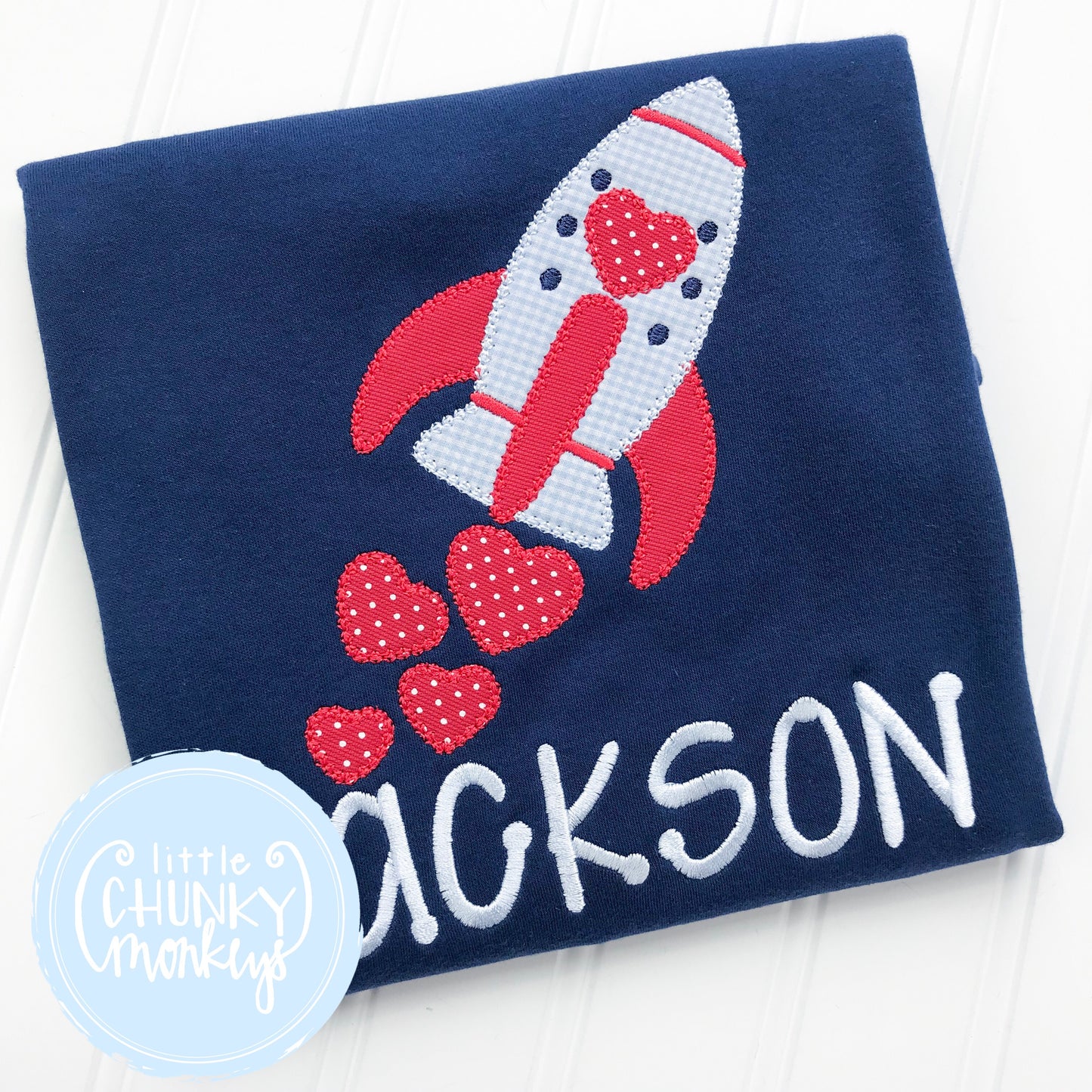 Boy Shirt - Boy Valentine Shirt - Valentine Rocket with Hearts on Navy Blue Shirt