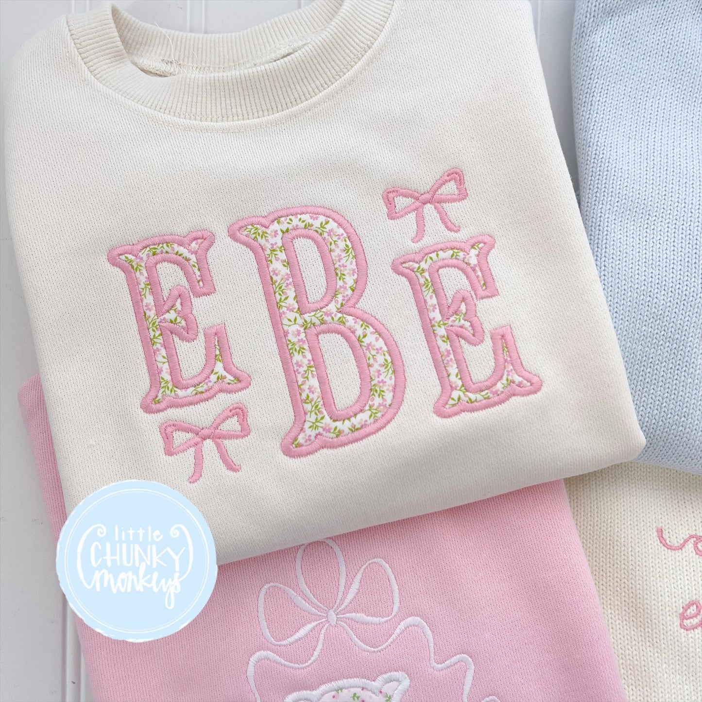 Cream Sweatshirt - Floral Applique Monogram with Bows