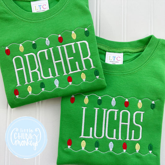Boy Shirt - Christmas Lights on Green
