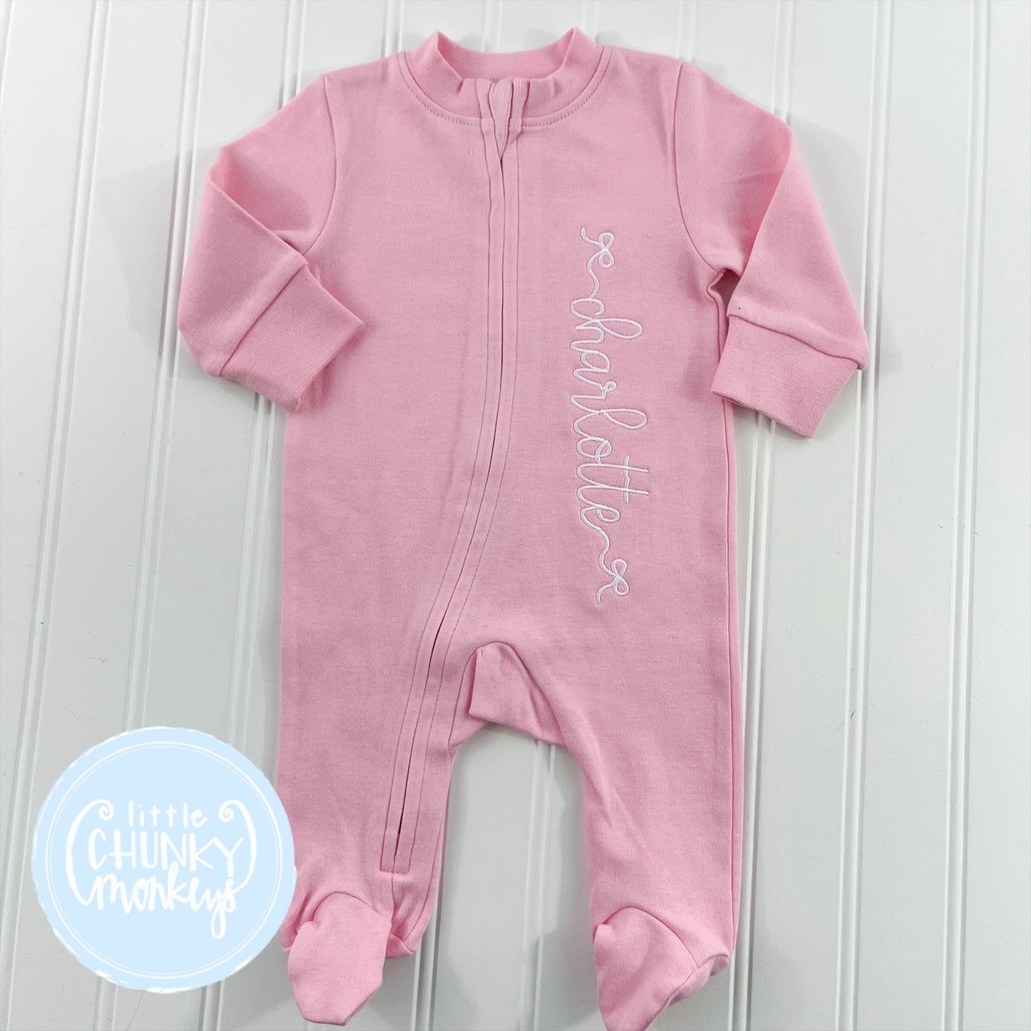 Light Pink Footed Romper - Bow Font