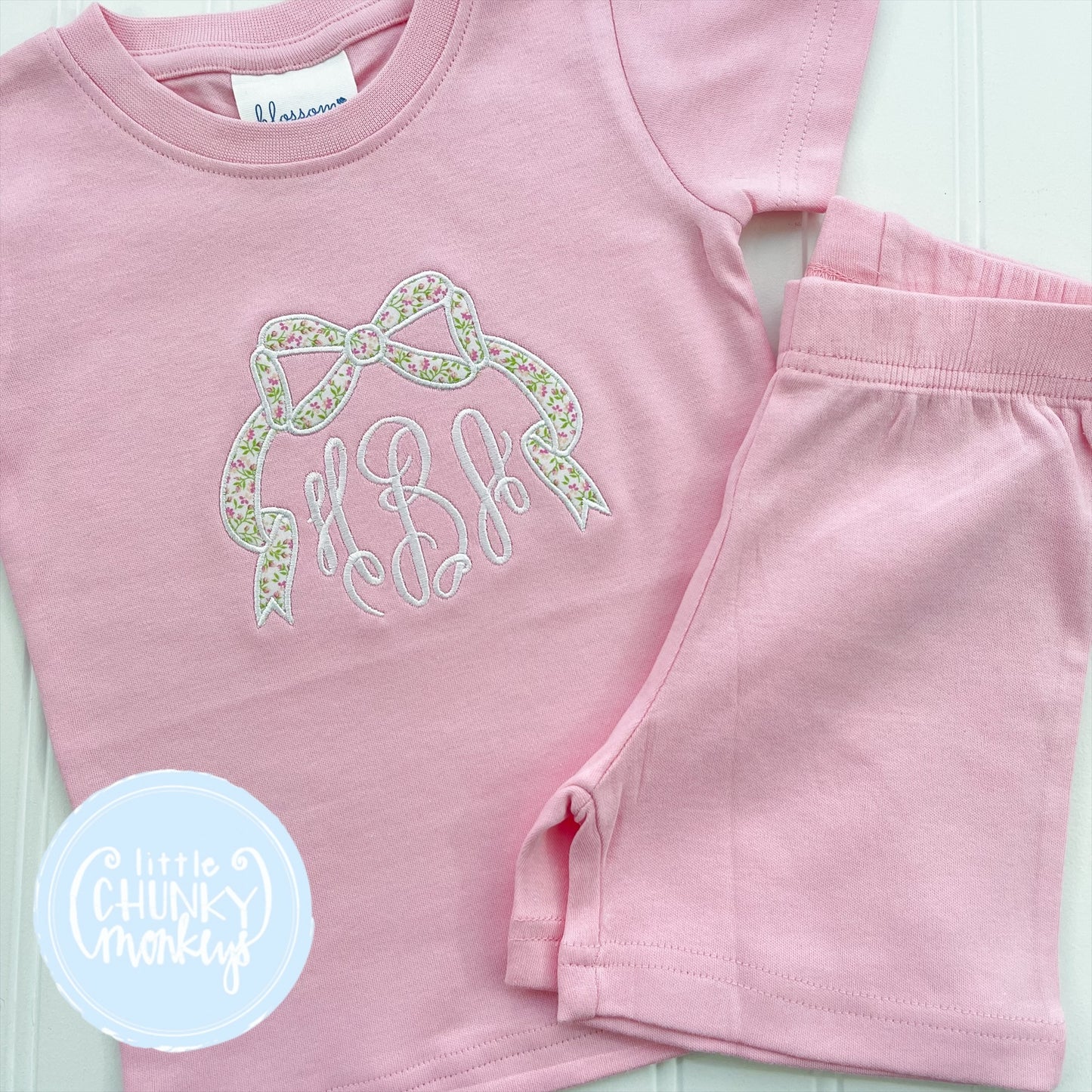 Light Pink Fitted Organic Cotton Pajamas - Floral Appliqué Bow Monogram