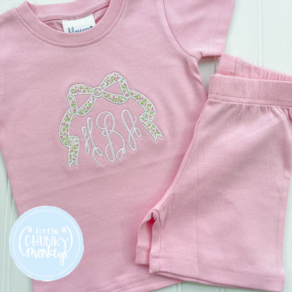 Light Pink Fitted Organic Cotton Pajamas - Floral Appliqué Bow Monogram