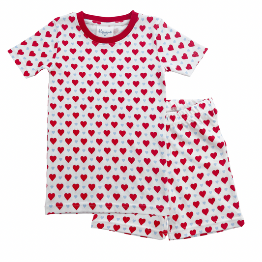 Valentine Organic Cotton Short Sleeve Fitted Children's Pajama Set - Blue and Red Hearts