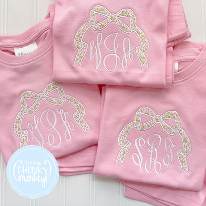 Light Pink Fitted Organic Cotton Pajamas - Floral Appliqué Bow Monogram
