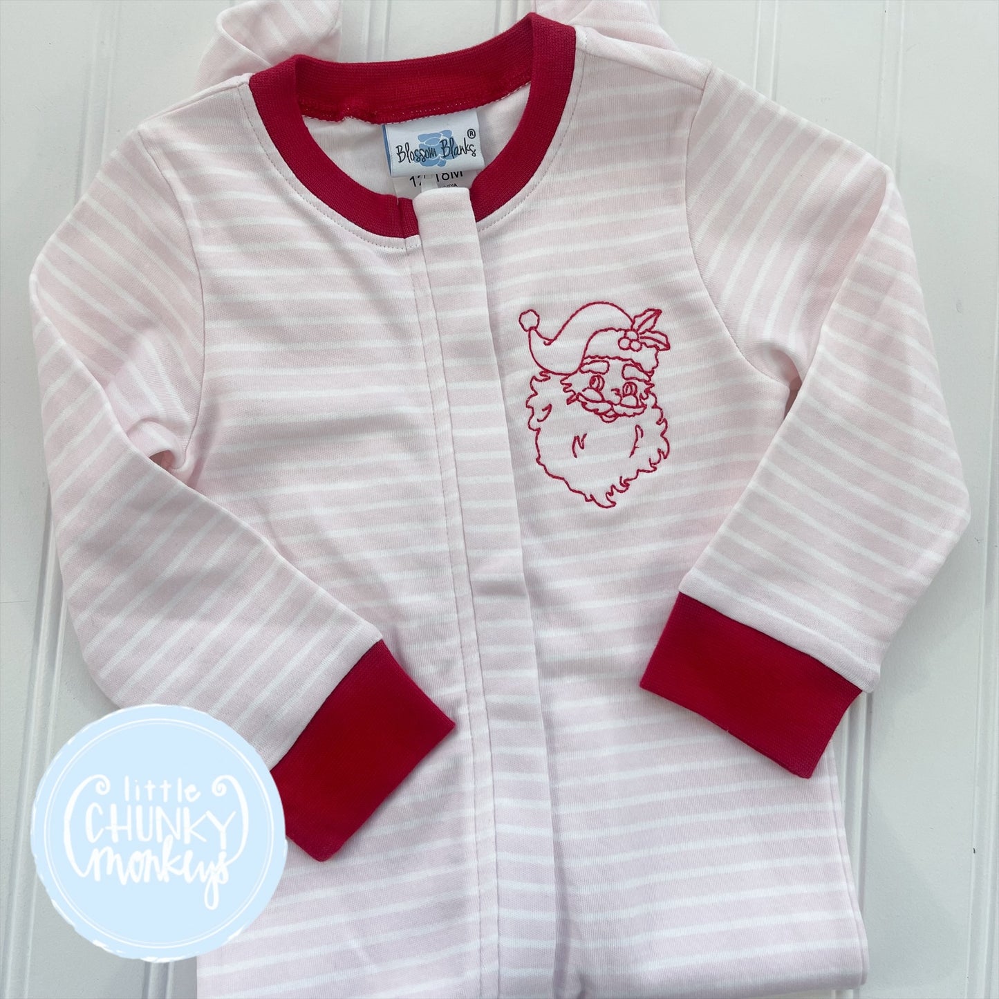 Christmas Footed Sleeper with Santa Embroidery - Pink Stripe - 12/18m & 18-24m