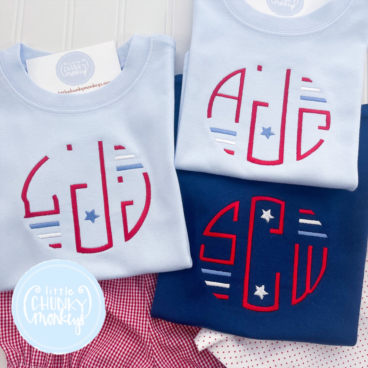 Boy Shirt - Stitched Circle Monogram with Patriotic Stars on Navy Blue