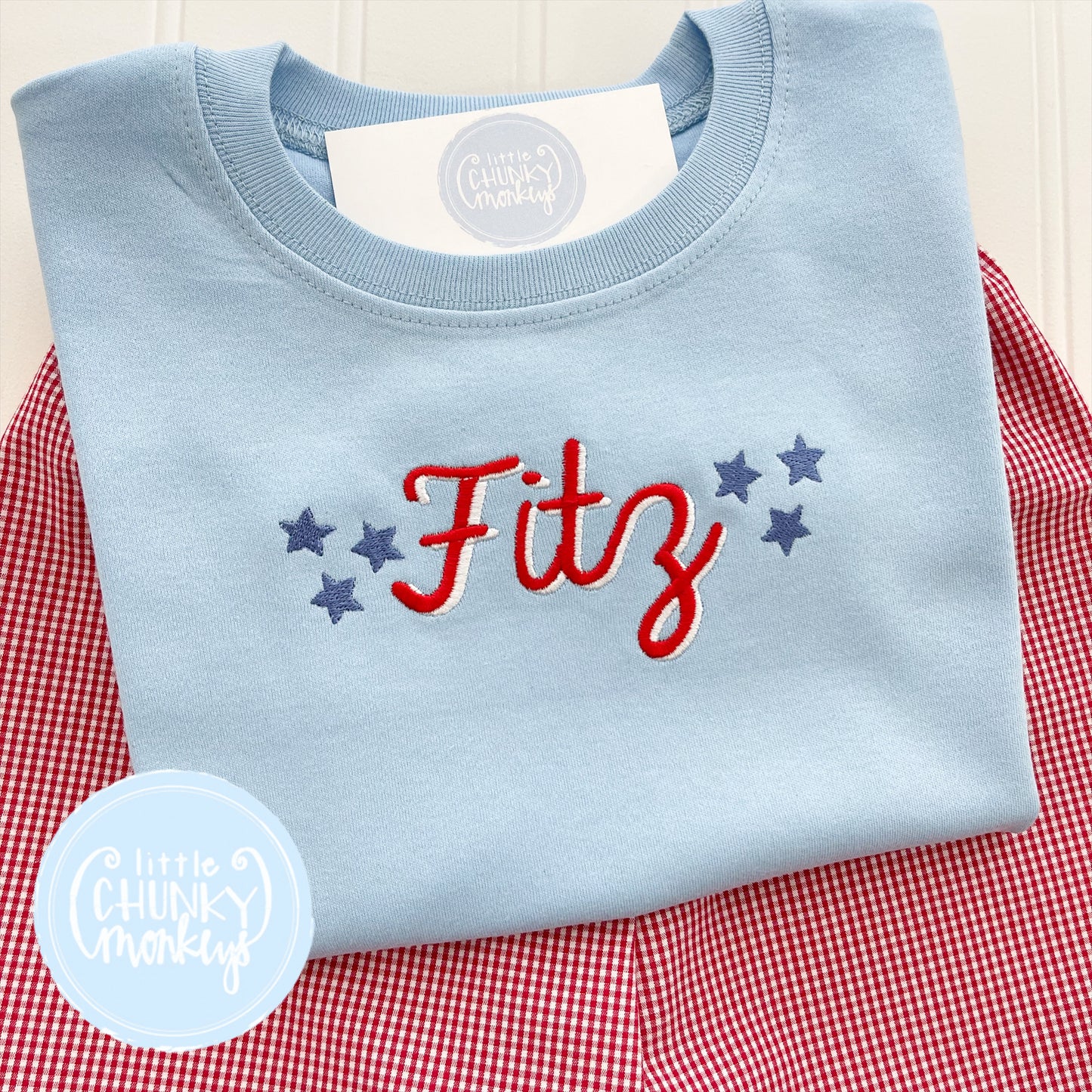 Boy Shirt- Patriotic Name and Stars Light Blue Shirt