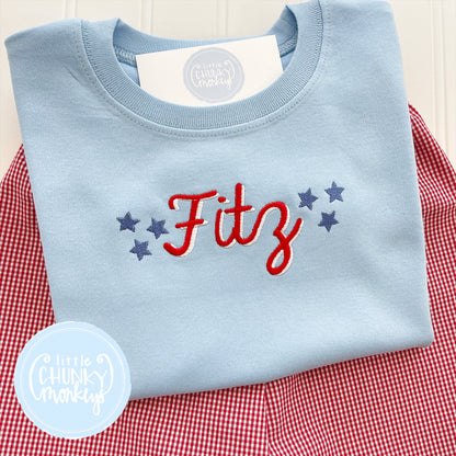 Boy Shirt- Patriotic Name and Stars Light Blue Shirt