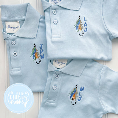 Boy Polo Shirt - Fly Fishing with Initial on Light Blue