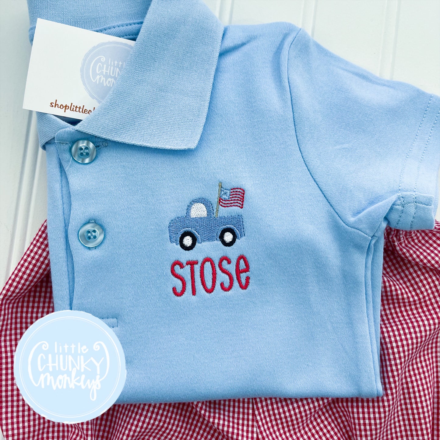 Boy Polo Shirt- Patriotic Truck on Light Blue