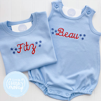 Boy Shirt- Patriotic Name and Stars Light Blue Shirt