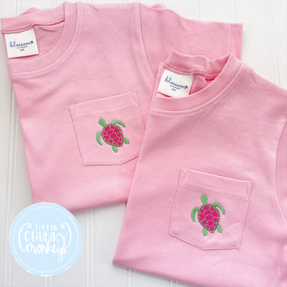 Girls Pocket Shirt - Mini Pink Sea Turtle on Light Pink