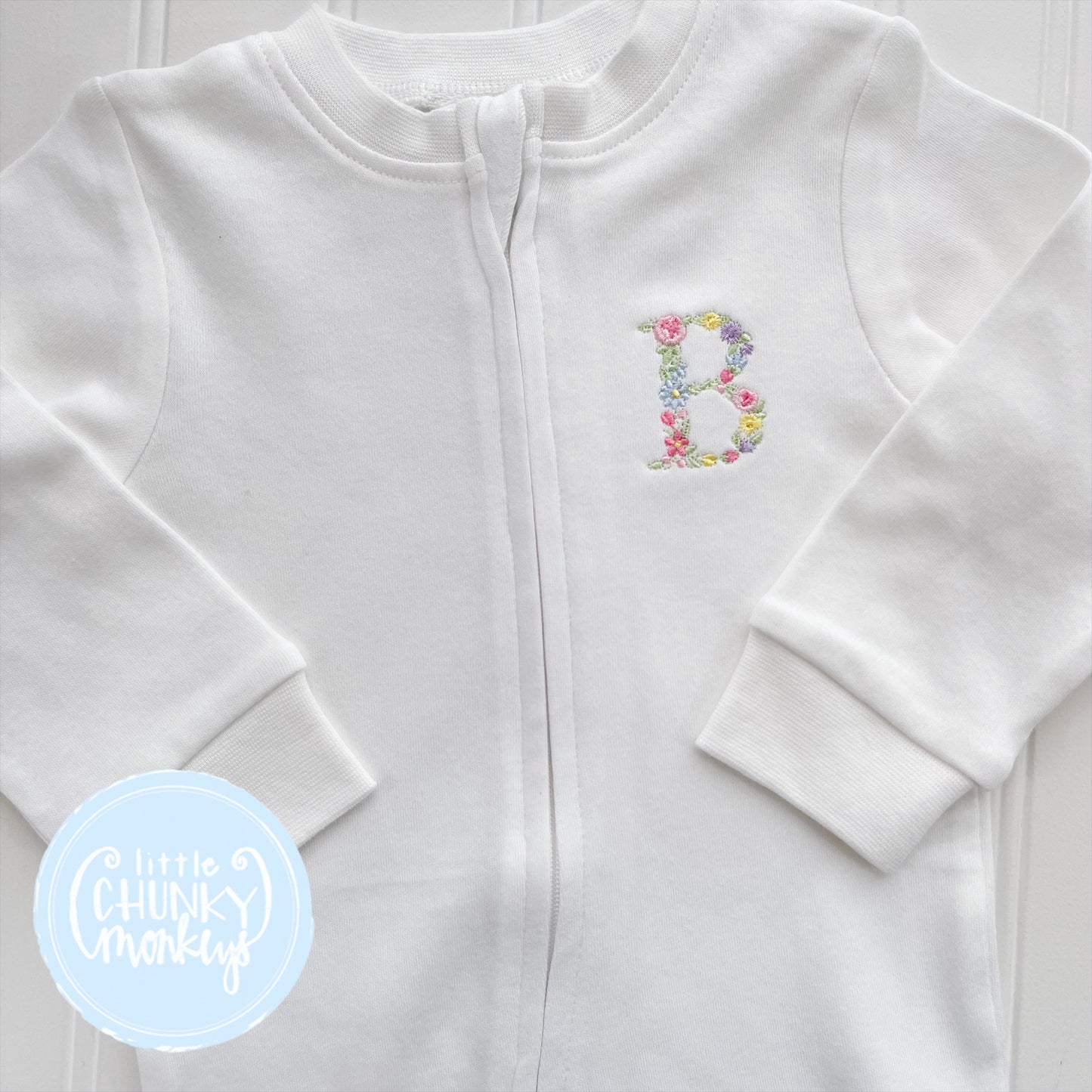 White Footed Romper - Floral Initial