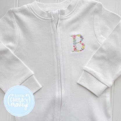 White Footed Romper - Floral Initial