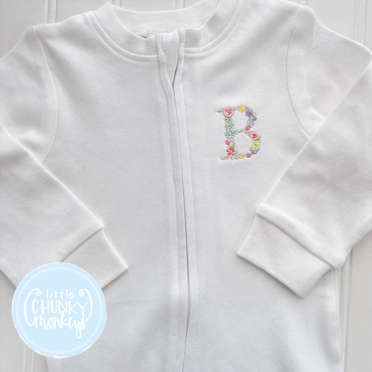 White Footed Romper - Floral Initial