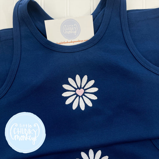 Girls Tank Top - Daisy Heart on Navy