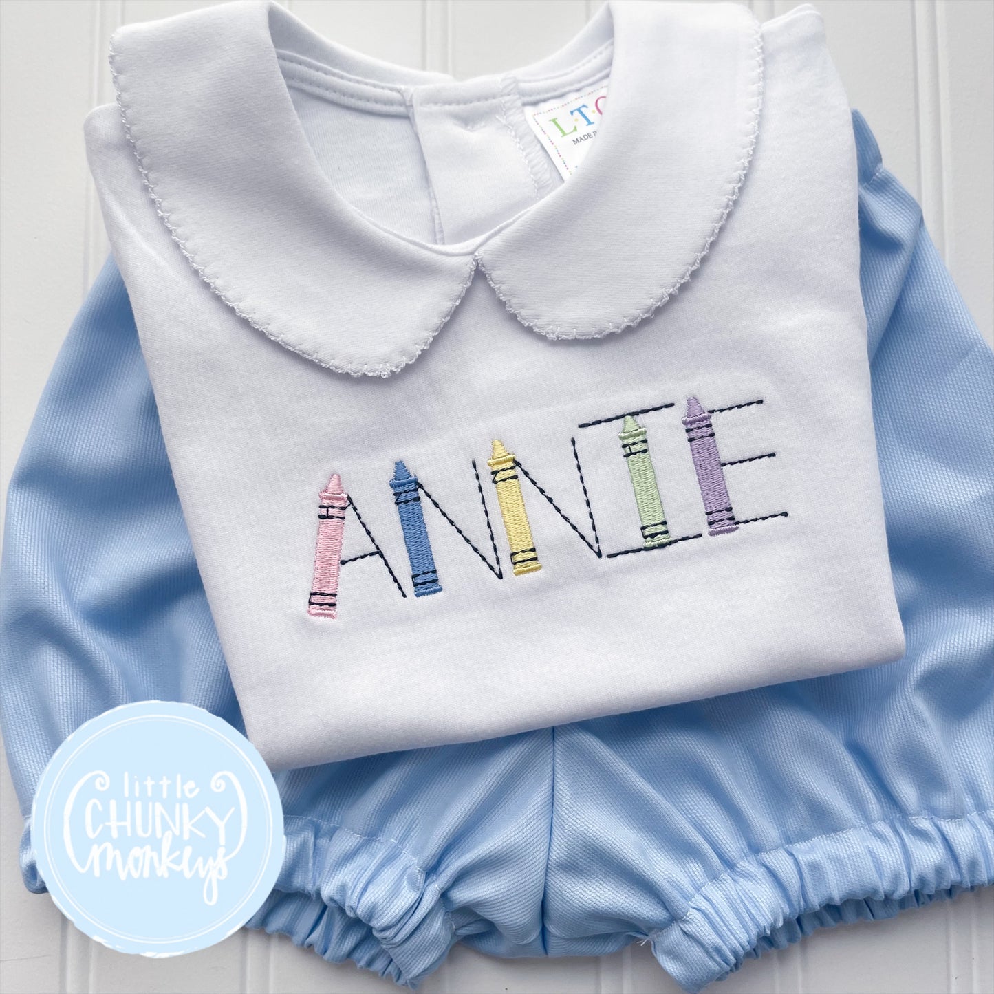 Girl Peter Pan Collar Shirt -  Embroidered Crayons with Personalization
