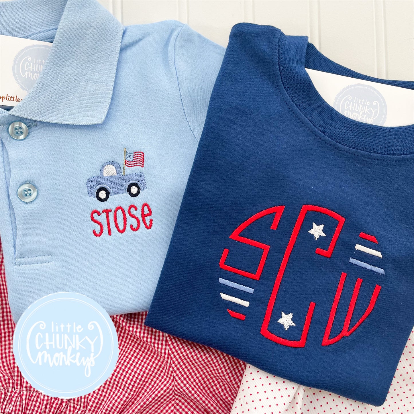 Boy Shirt - Stitched Circle Monogram with Patriotic Stars on Navy Blue