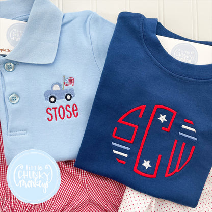 Boy Shirt - Stitched Circle Monogram with Patriotic Stars on Navy Blue