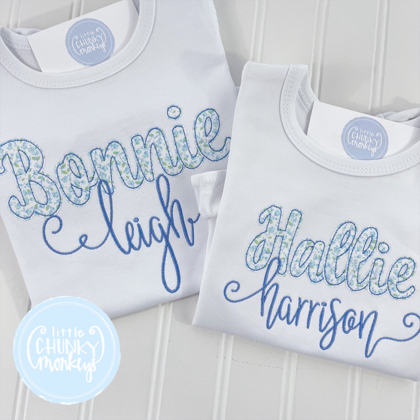 Girl Shirt - Blue Watercolor Floral Applique Name