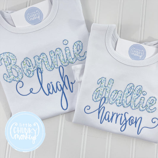 Girl Shirt - Blue Watercolor Floral Applique Name