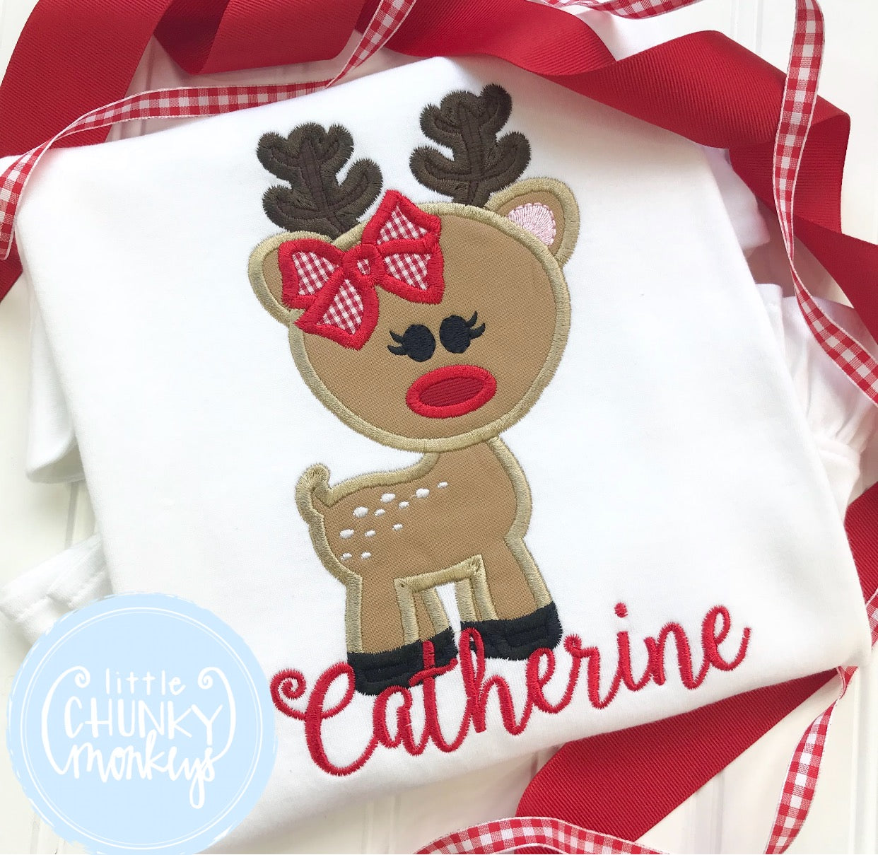 Girl Shirt -Applique Reindeer with Bow