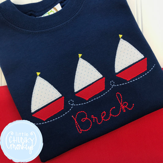 Boy Shirt - Sailboat Trio on Navy Blue Shirt