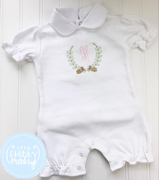 Girl Peter Pan Ruffle Romper with Bunny Monogram “W” 0-3m