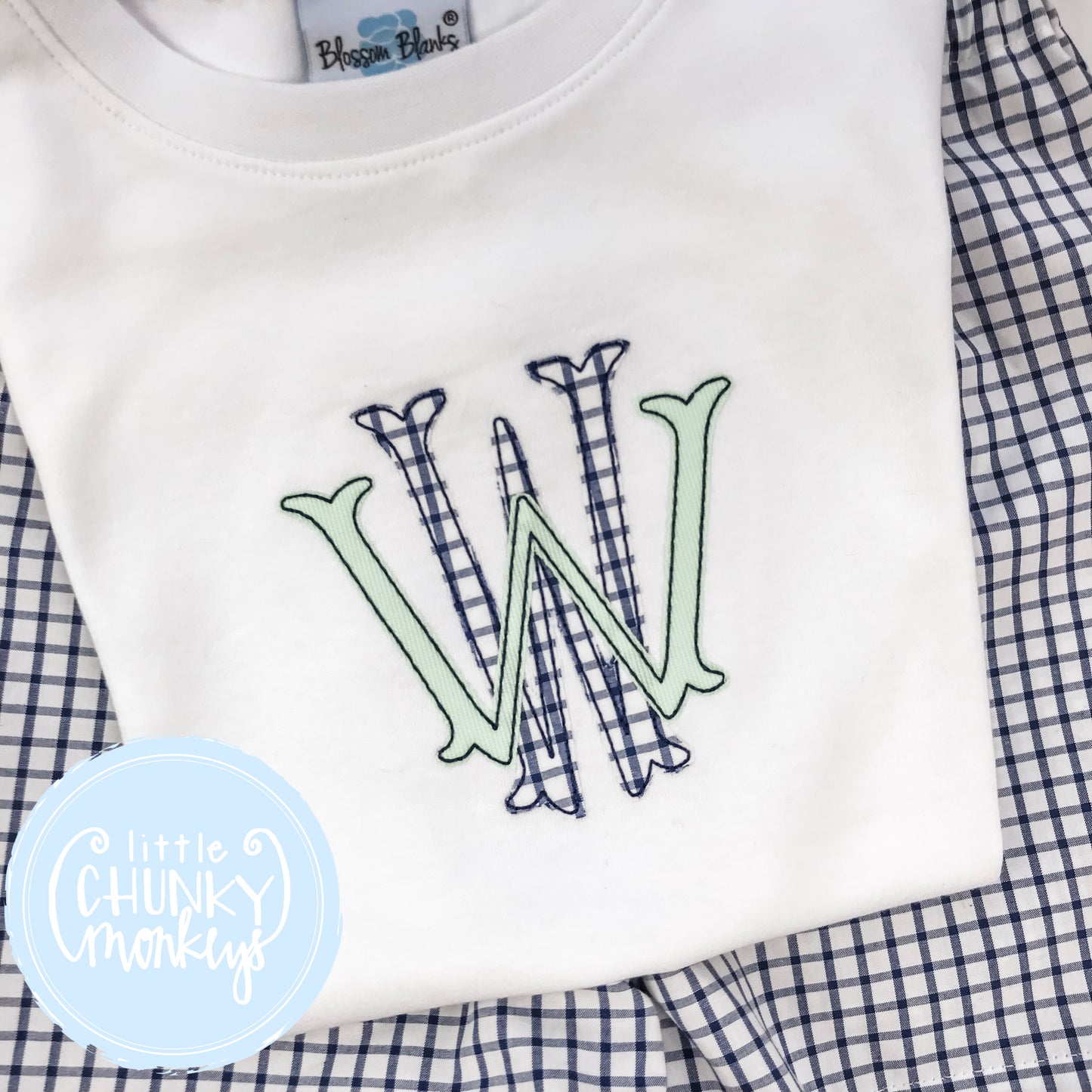 Boy Shirt - Applique Stacked Monogram in Navy & Green
