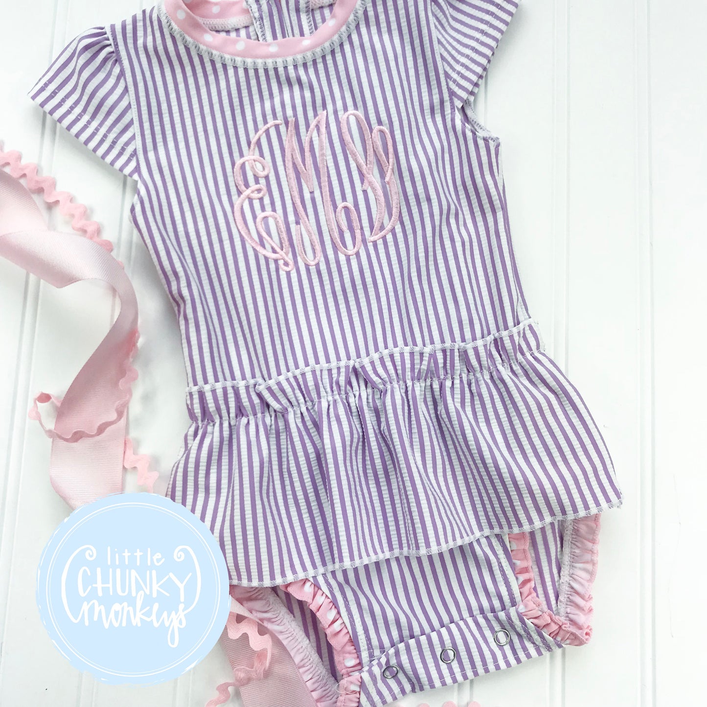 Girl Swimwear - Girl One Piece Swimsuit - Purple Seersucker with Light Pink Personalization